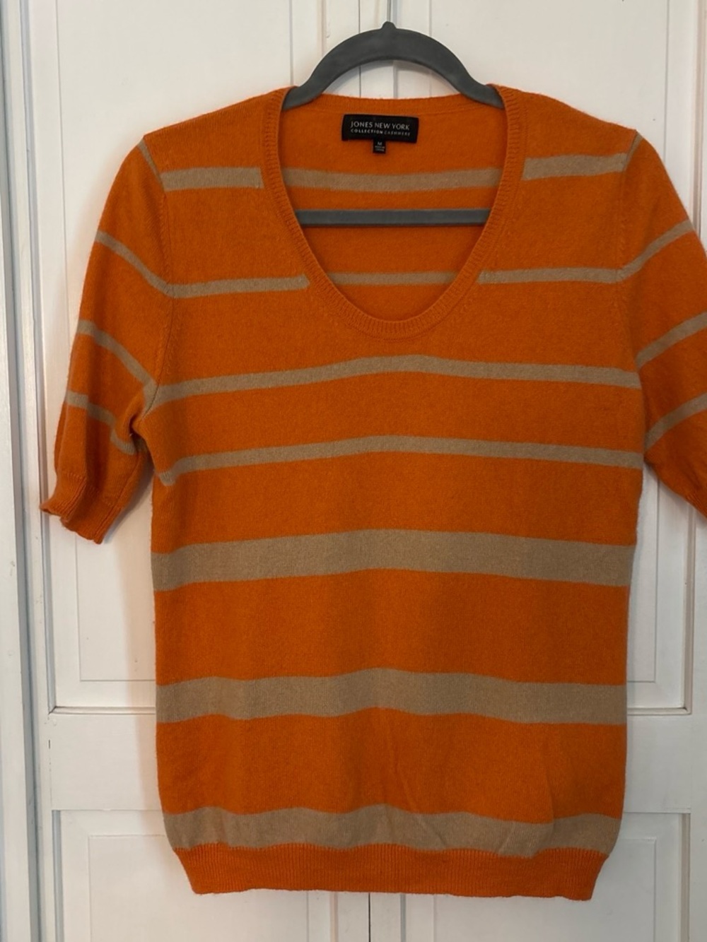 Jones New York Orange and Tan Striped V-Neck Sweater